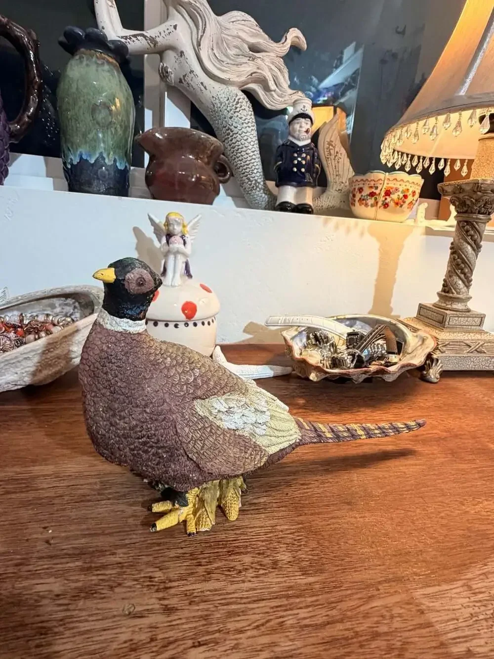 Vintage Handcrafted Resin Pheasant Bird Figurine Acorns Fall Leaves Decor